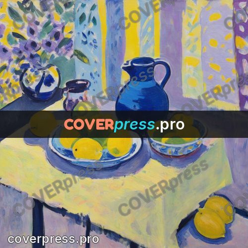 Matisse style drawing: blue jug and lemons