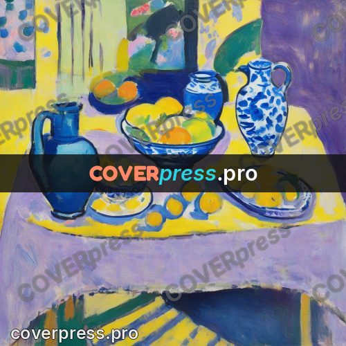 Matisse style drawing: blue jug and lemons
