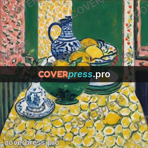 Matisse style drawing: green jug with lemons