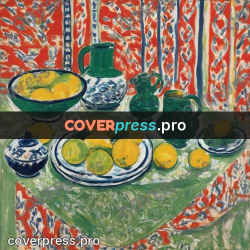 Matisse style drawing: green jug with lemons