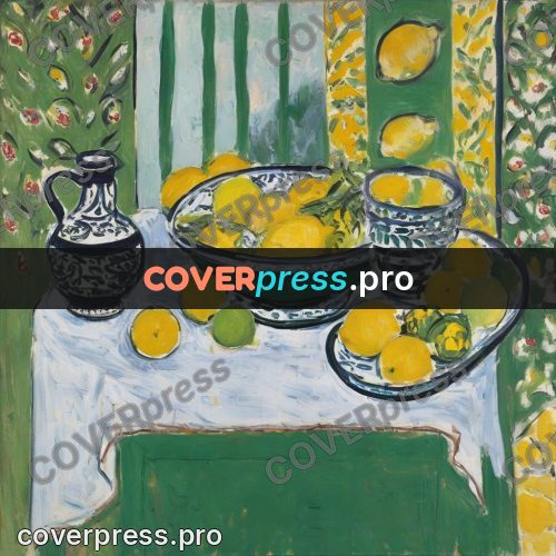 Matisse style drawing: green jug with lemons
