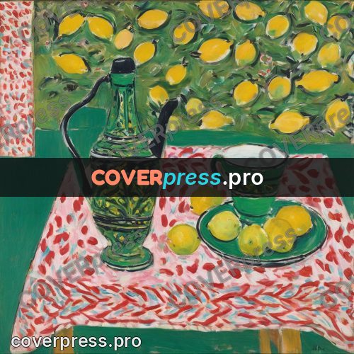 Matisse style drawing: green jug with lemons
