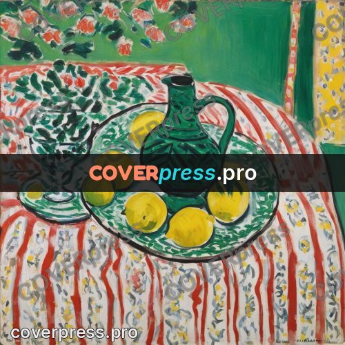Matisse style drawing: green jug with lemons