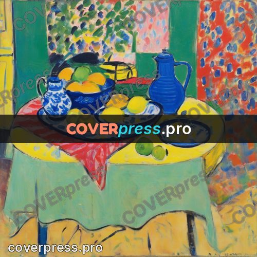 Matisse style drawing: dishes of fruit on a table
