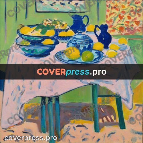Matisse style drawing: dishes of fruit on a table