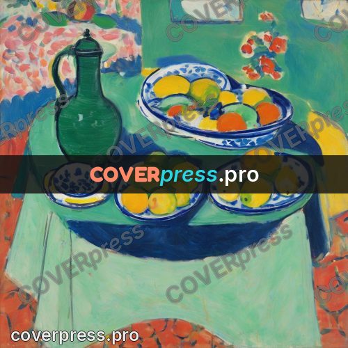 Matisse style drawing: dishes of fruit on a table