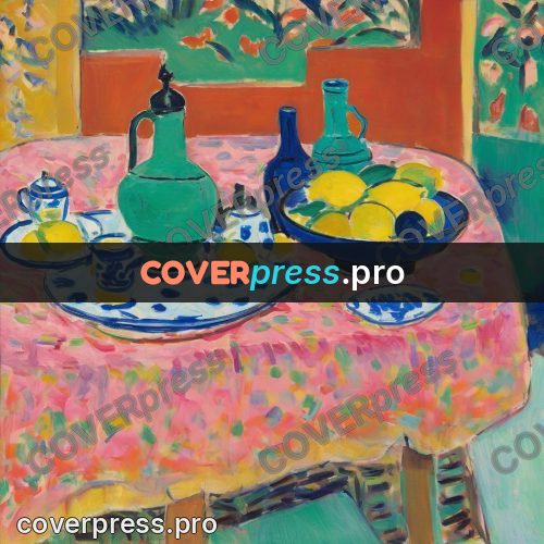 Matisse style drawing: dishes of fruit on a table