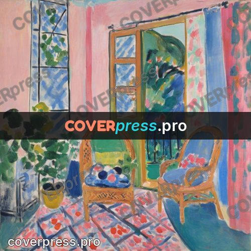 Matisse style drawing: open door in a pink room