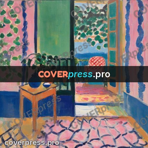 Matisse style drawing: open door in a pink room