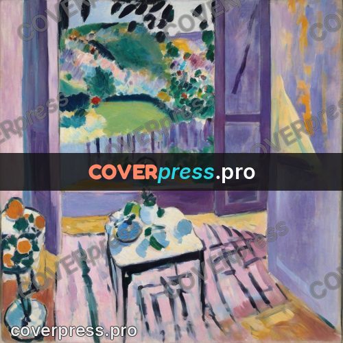 Matisse style drawing: open window in a lilac room