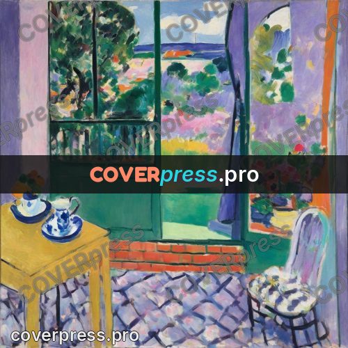 Matisse style drawing: open window in a lilac room