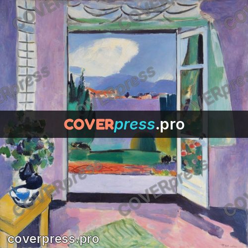 Matisse style drawing: open window in a lilac room