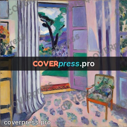 Matisse style drawing: open window in a lilac room