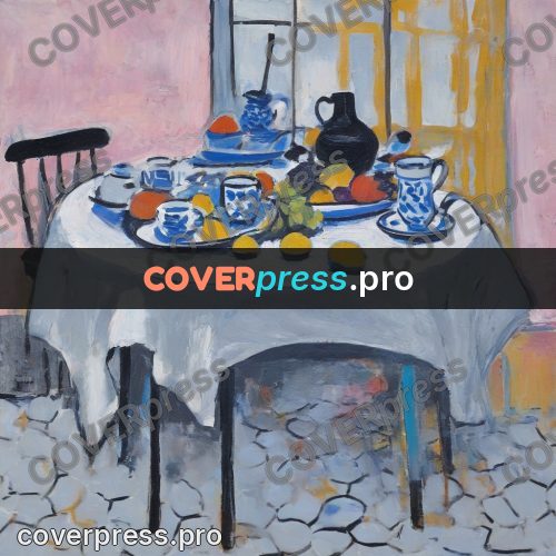Matisse style drawing: dishes on a pink cloth