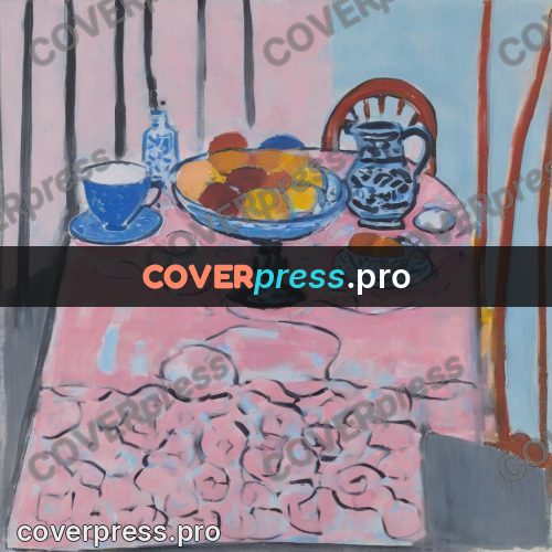 Matisse style drawing: dishes on a pink cloth