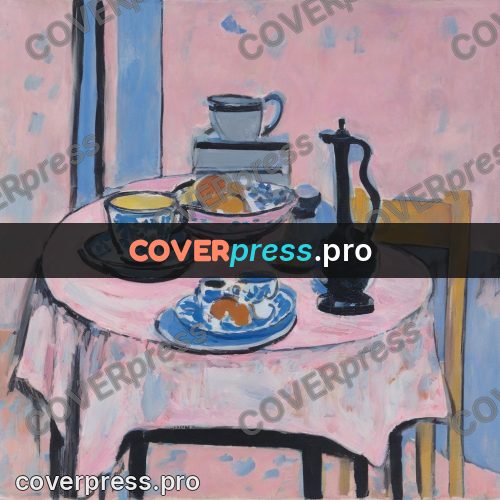 Matisse style drawing: dishes on a pink cloth