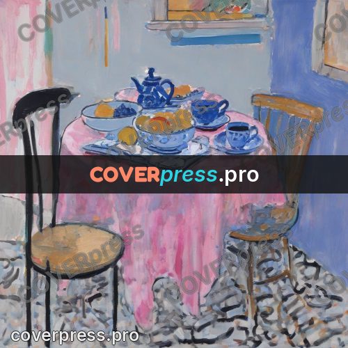 Matisse style drawing: dishes on a pink cloth