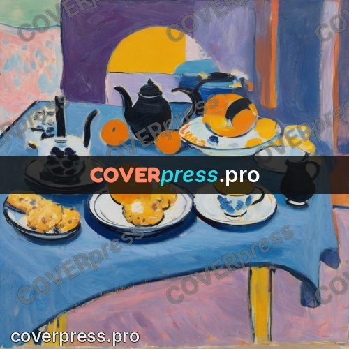 Matisse style drawing: teapot and oranges on a table