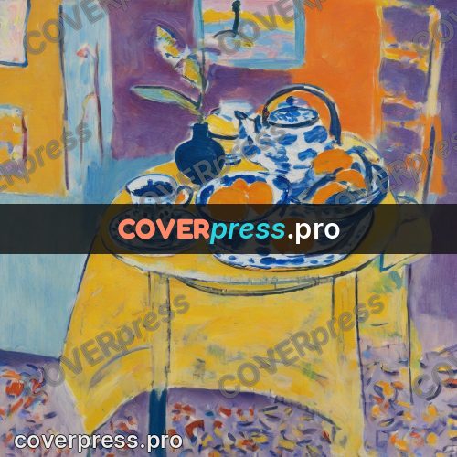 Matisse style drawing: teapot and oranges on a table