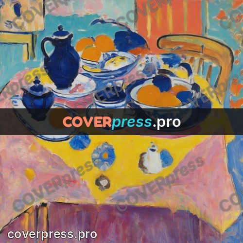 Matisse style drawing: teapot and oranges on a table