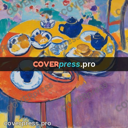 Matisse style drawing: teapot and oranges on a table