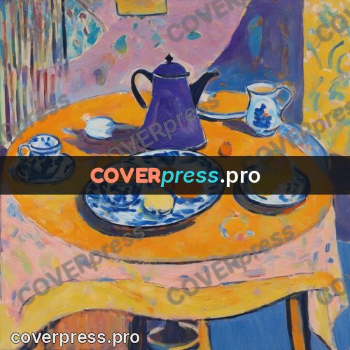 Matisse style drawing: teapot and oranges on a table