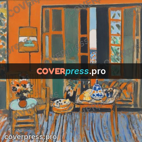 Matisse style drawing: orange room with a table