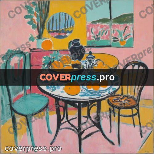 Matisse style drawing: round table with chairs