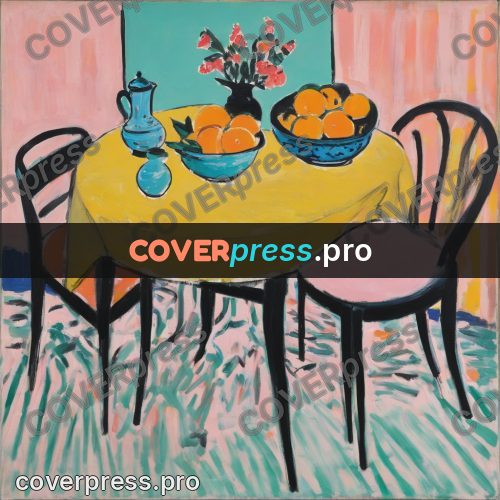 Matisse style drawing: round table with chairs