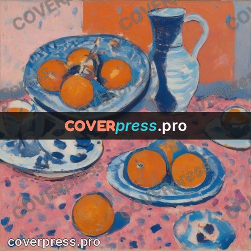 Matisse style drawing: dish of oranges and a jug
