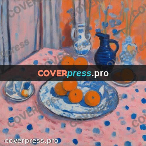 Matisse style drawing: dish of oranges and a jug