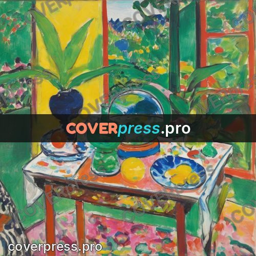 Matisse style drawing: fish tank by a garden window