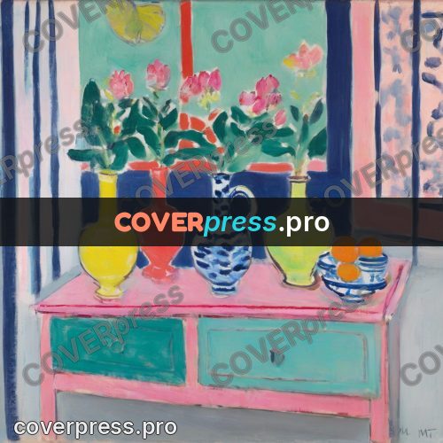 Matisse style drawing: vases of flowers on a chest