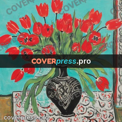 Matisse style drawing: red tulips in a vase