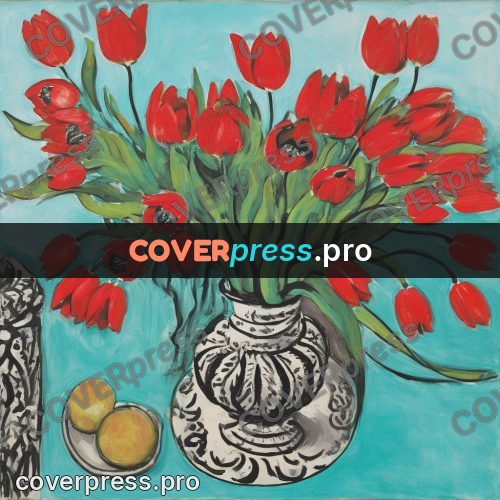 Matisse style drawing: red tulips in a vase