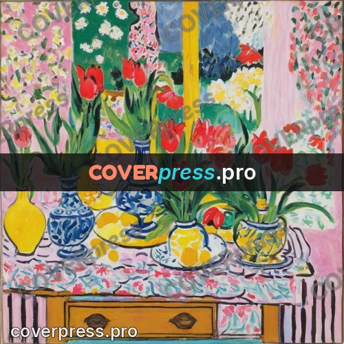 Matisse style drawing: tulips by a garden window