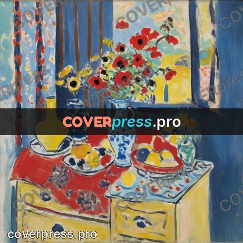 Matisse style drawing: red anemones on a chest