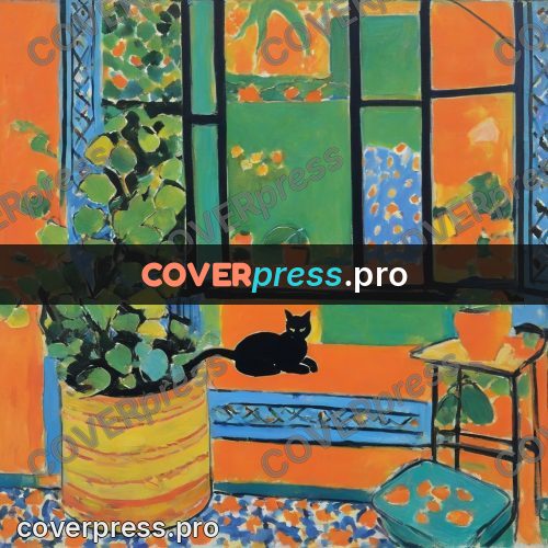 Matisse style drawing: black cat by a window