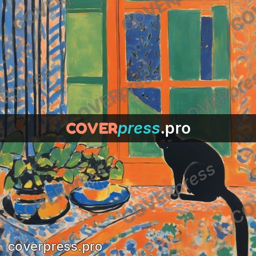 Matisse style drawing: black cat by a window