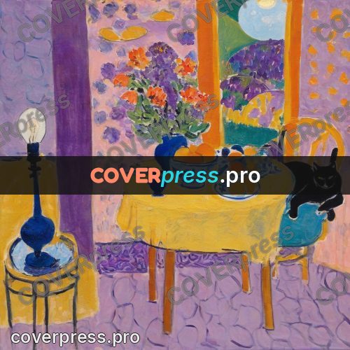Matisse style drawing: cat in a lilac room