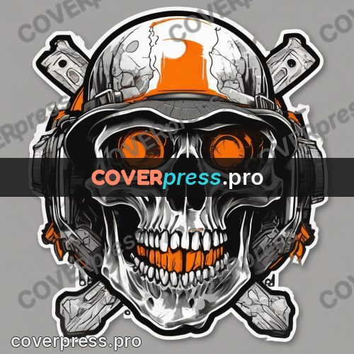 Sticker: skull over crossed tools