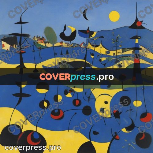 Miro style drawing: yellow crescents on a blue field