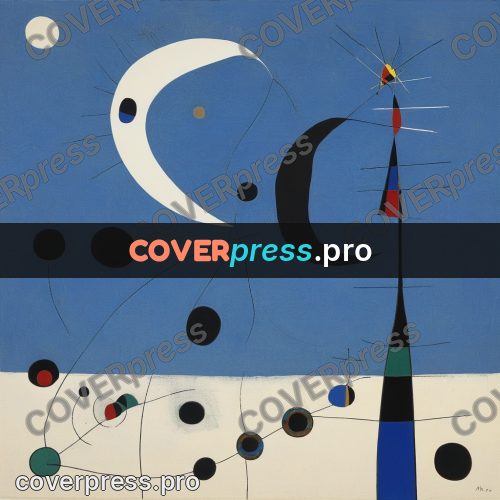 Miro style drawing: white crescent on blue