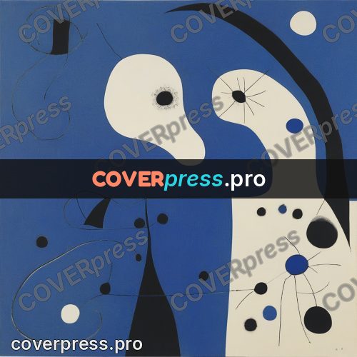 Miro style drawing: white crescent on blue