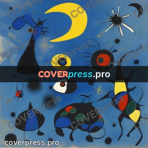 Miro style drawing: yellow crescent on blue