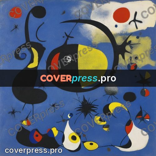 Miro style drawing: yellow crescent on blue