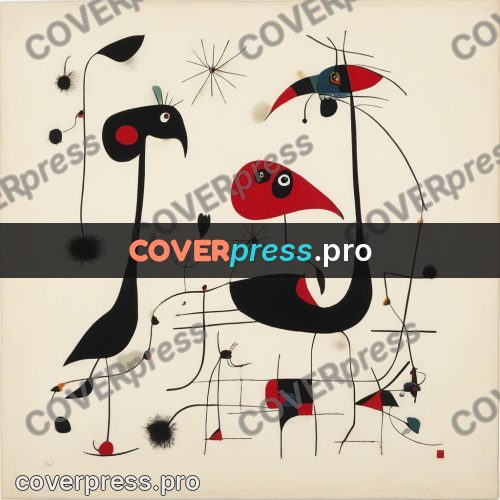 Miro style drawing: black birds with red heads
