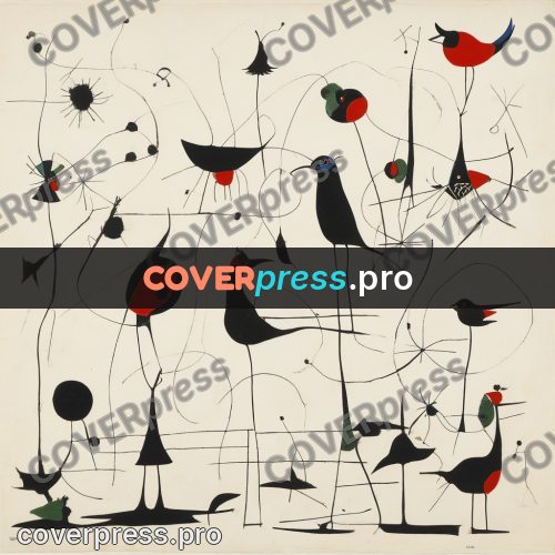 Miro style drawing: black birds with red heads