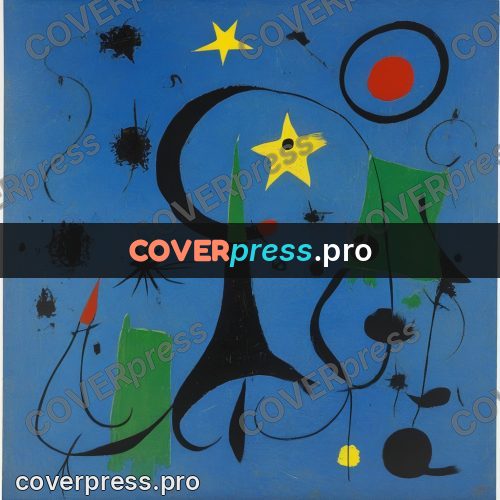 Miro style drawing: green patches on blue