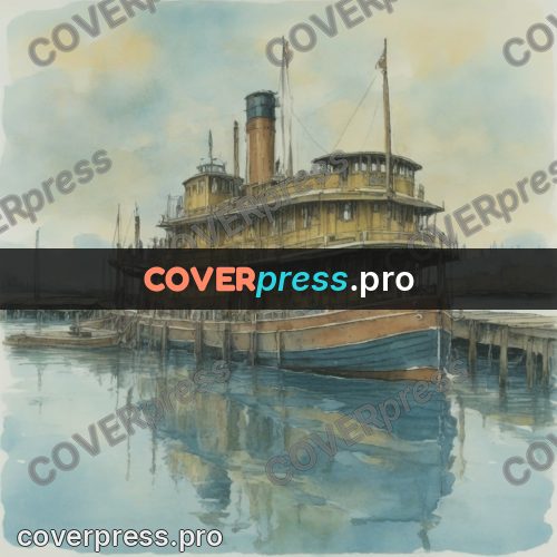 Miyazaki style illustration: old steamboat at a pier